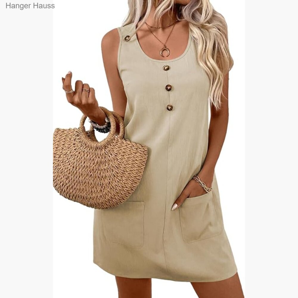 Sleeveless Casual Dress with Pockets, Lightweight Polyester, Regular Fit
